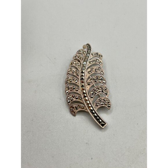 Vintage Sterling Silver & Marcasite Leaf Brooch Pin Classic Jewelry - Picture 3 of 7